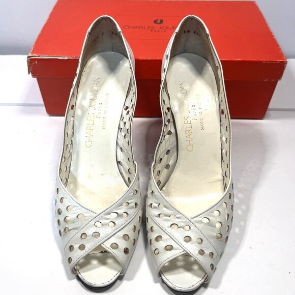 CHARLES JOURDAN PARIS White Perforated Leather Open Toe Women's Heels 7-1/2 - Picture 4 of 11
